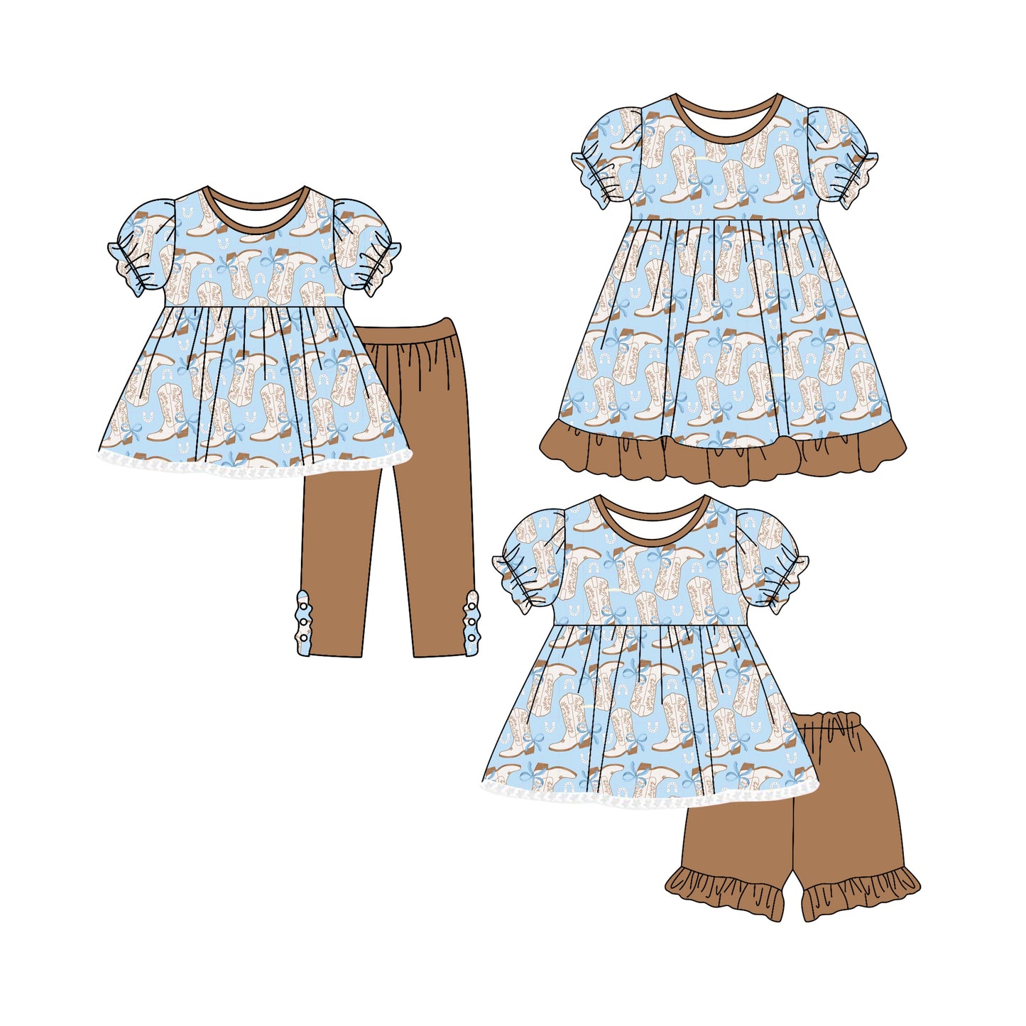 ( Moq 5 Each Style ) Baby Girl Short Sleeves Western Boots Sibling Romper Dress Set 4.25