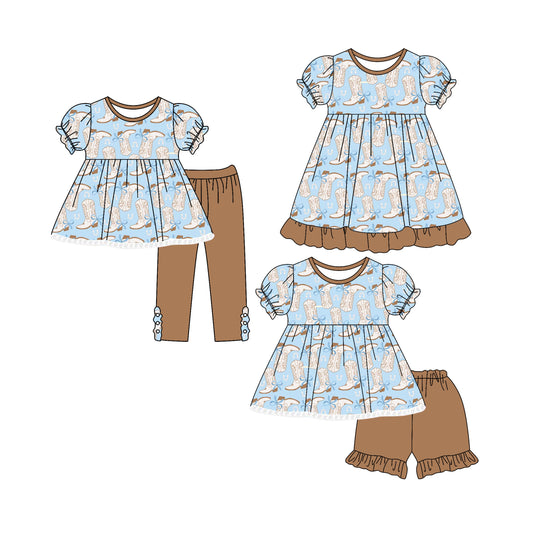 ( Moq 5 Each Style ) Baby Girl Short Sleeves Western Boots Sibling Romper Dress Set 4.25