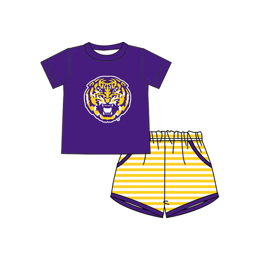 ( Moq 5 ) Baby Boys Purple Short Sleeves Tiger Shirt Stripes Pockets Shorts Team Clothes Set
