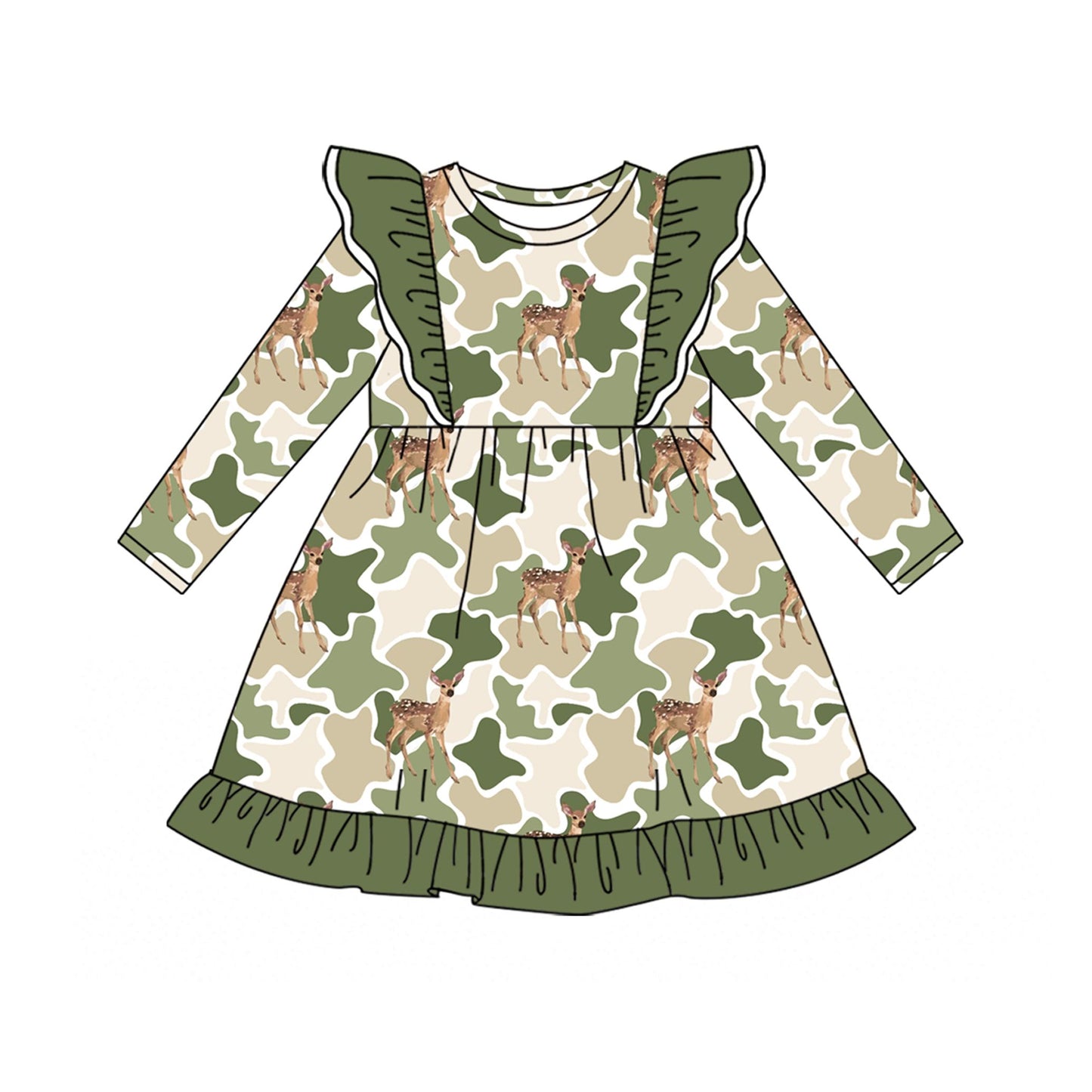 ( Moq 5 ) Preorder Baby Girls Kids Deer Camo Green Ruffle Knee Length Dress Hunting Clothes