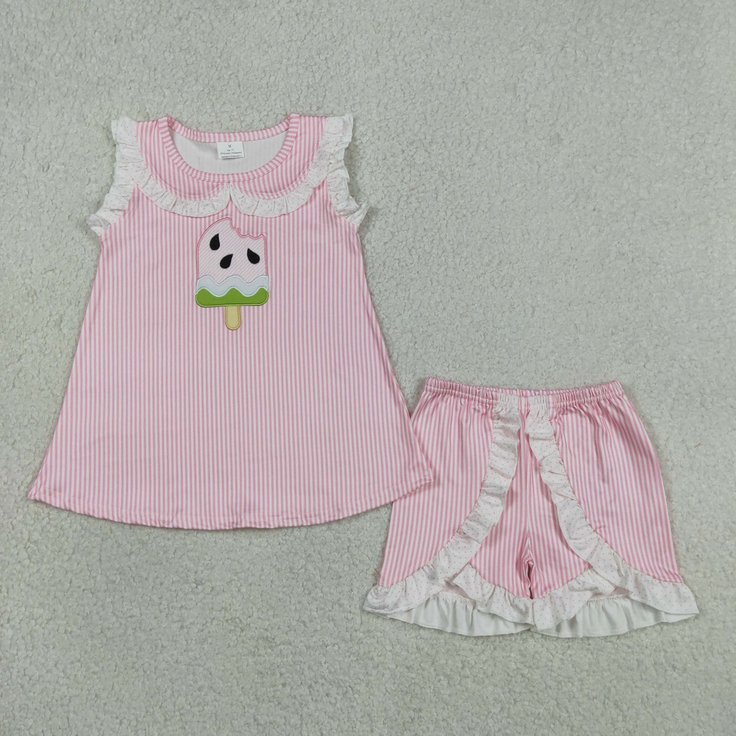 Baby Girls Kids Embroidery Popsicle Tops Pink Stripes Ruffle Shorts Summer Set RTS