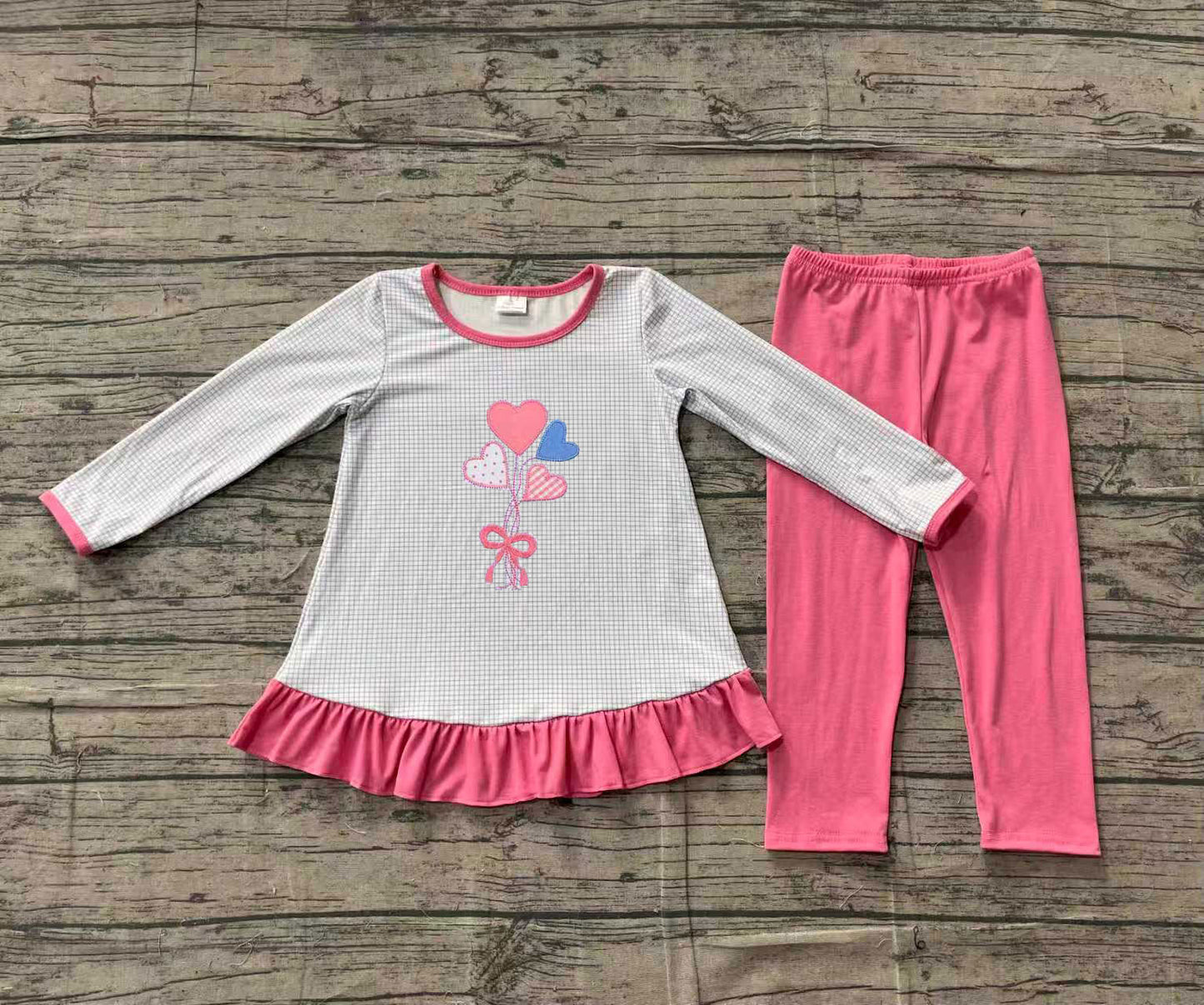 ( No moq ) Preorder Girls Kids Embroidery Hearts Plaid Tunic Pink Pants Valentine's Day Clothes Set