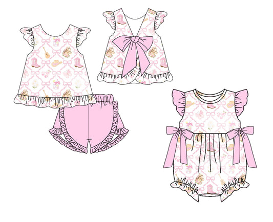 ( Moq 5 Each Style ) Baby Girls Kids Short Sleeves Boots Bows Sibling Western Summer Romper Set