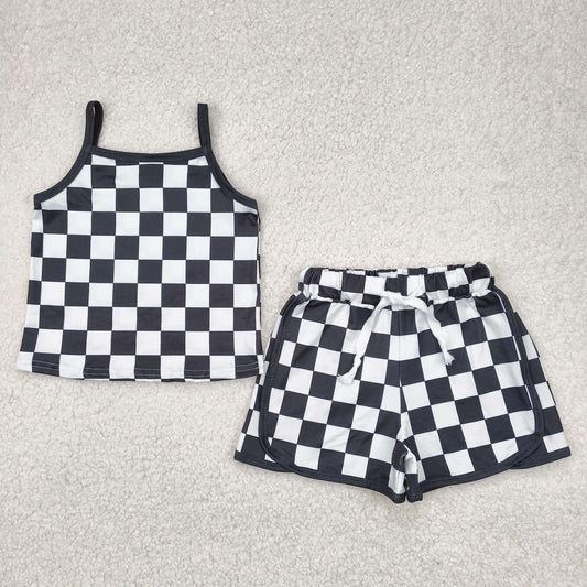 Baby Girl Strap Black Checked Vest Tops Short Sports Set RTS