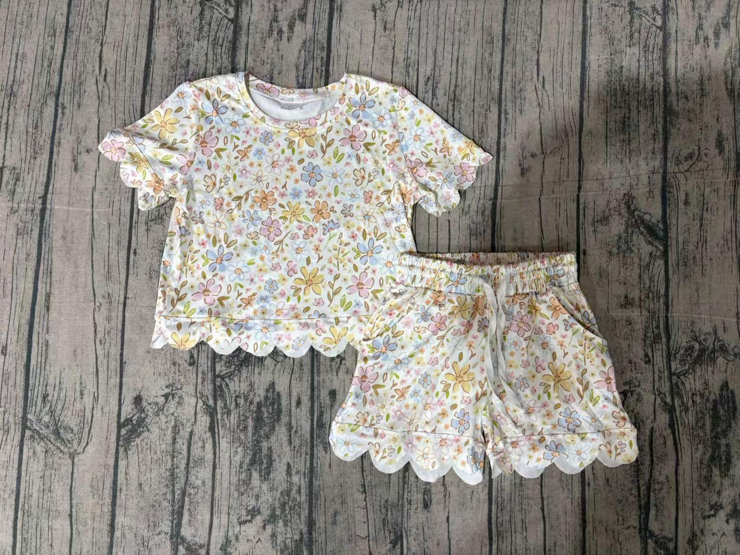 Baby Girls Toddler Short Sleeves Flower Shirt Scallop Shorts Yellow Set RTS