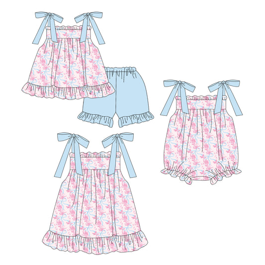 ( Moq 5 Each Style ) Sibling Baby Girls Kids Flower Blue Bows Romper Dress Set Summer Clothes