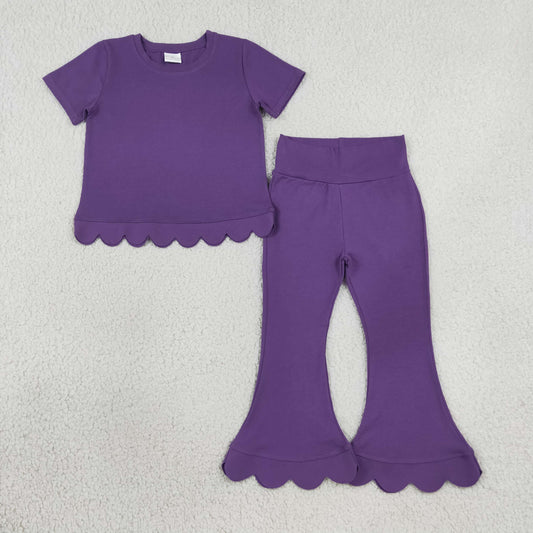 Baby Girls Kids Short Sleeves Purple Shirt Pants Scallop Set Clothes RTS