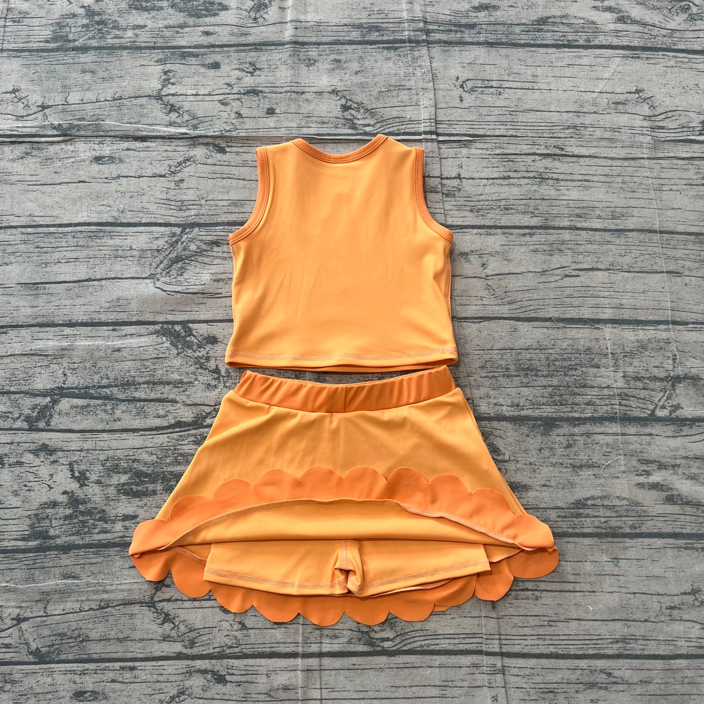 ( No moq ) Preorder Baby Girls Kids Orange Shirt Scallop Skirt Shorts Yoga Active Set Clothes
