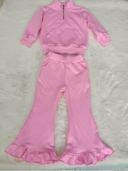 ( Moq 5 ) Preorder Baby Girls Kids Long Sleeves Zipper Pullover Shirt Pockets Pants Pink Set Cotton Clothes