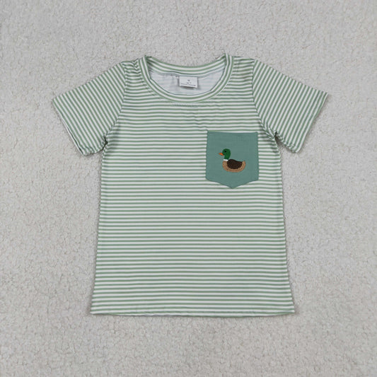 Baby Boys Short Sleeves Embroidery Duck Pocket Green Stripes Shirt Tops RTS