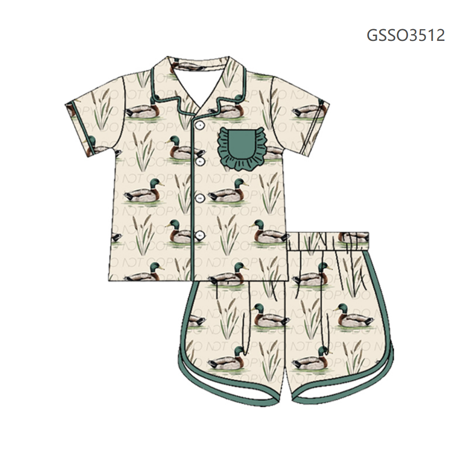 ( Moq 5 ) Preorder Baby Girls Kids Short Sleeves Ducks Green Pocket Shirt Shorts Set Pajamas Clothes