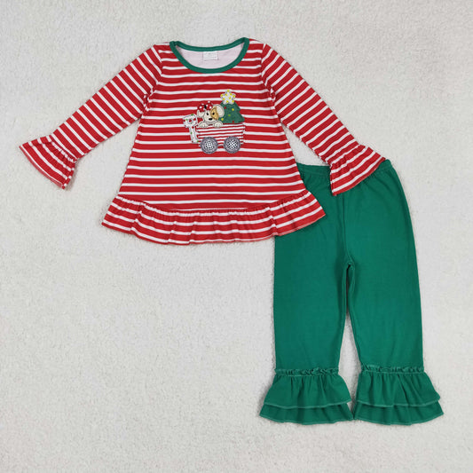 Baby Girl Long Sleeves Embroidery Dog Tree Truck Stripes Tunic Green Pants Christmas Set RTS