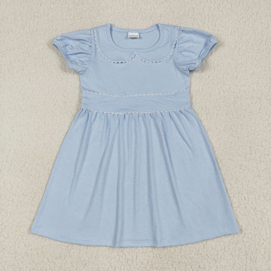 Baby Girl Short Ruffle Sleeves Blue Cotton Knee Length Dress RTS