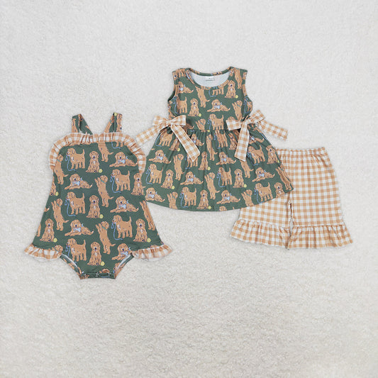 Baby Girl Sleeveless Dogs Balls Sibling Romper Set Clothes RTS