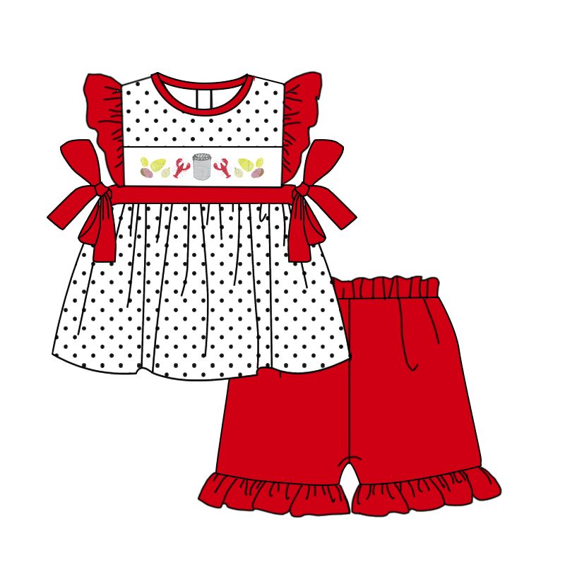 Moq 3 Pre-order GSSO0454 Baby Girl Short Sleeves Crawfish Tops Red Shorts Set