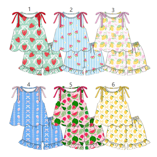 ( Moq 5 Each Style ) Sibling Baby Girls Kids Sleeveless Tops Shorts Bows Fruits Sets Summer Clothes
