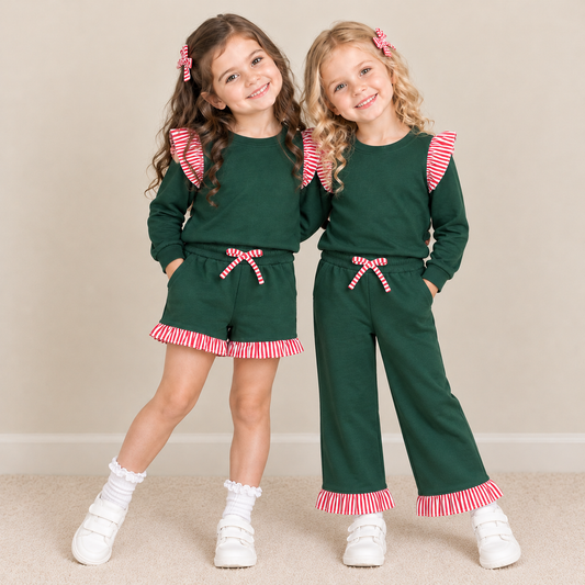 Sibling Baby Girls Kids Long Sleeves Shirts Pockets Shorts Pants Cotton Green Sets Christmas Clothes RTS