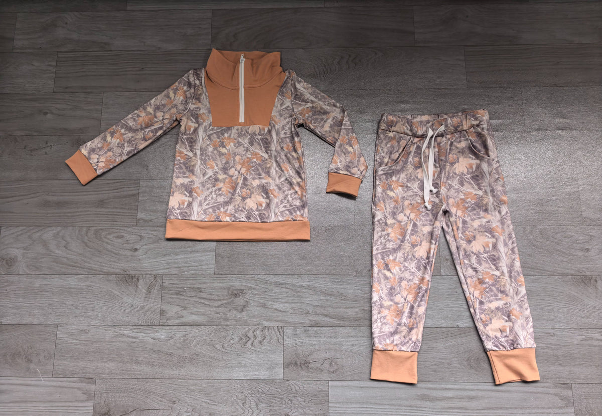 ( No moq ) Preorder Baby Boys Kids Leaves Long Sleeves Zipper Shirt Pockets Pants Set Clothes