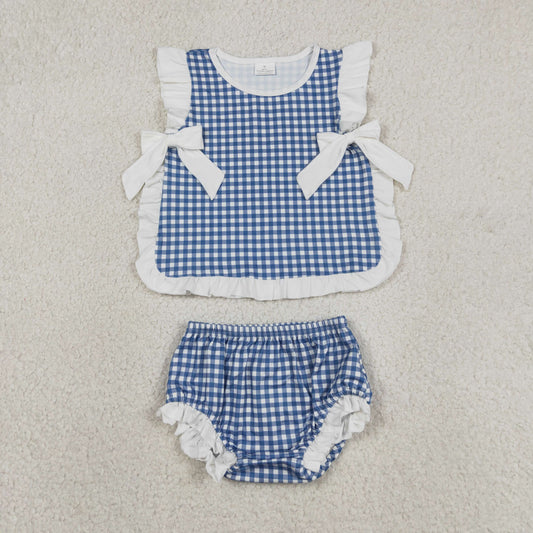 Baby Girl Kids Plaid Bows Tops Bummie Shorts Set Blue Clothes RTS
