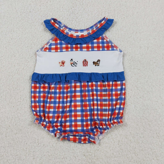 Baby Girls Infant Embroidery Farm Animals Plaid Summer Bubble Romper RTS