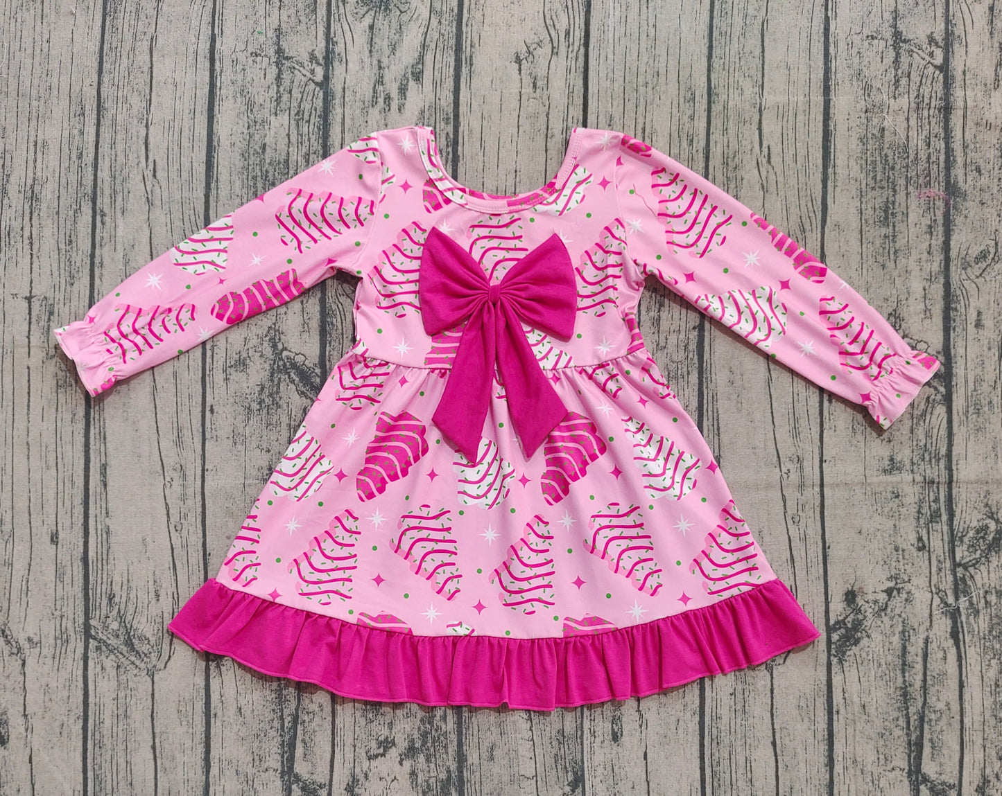 ( No moq ) Preorder Baby Girl Long Sleeves Cakes Tree Christmas Pink Bow Ruffle Dress