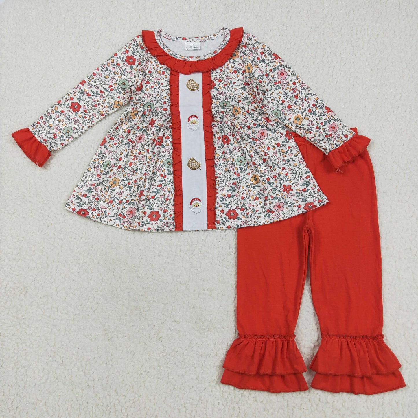 Baby Girl Long Sleeves Floral Santa Cakes Embroidery Tunic Ruffle Pants Christmas Set RTS