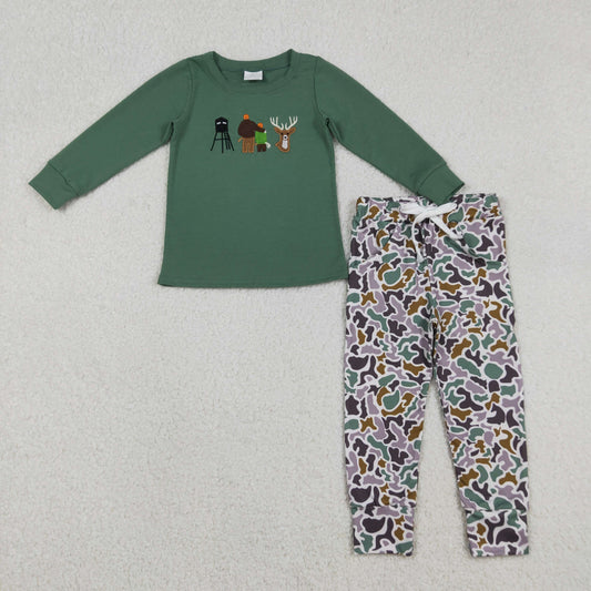 Baby Boys Long Sleeves Embroidery Deer Shirt Camo Pockets Pants Hunting Set RTS