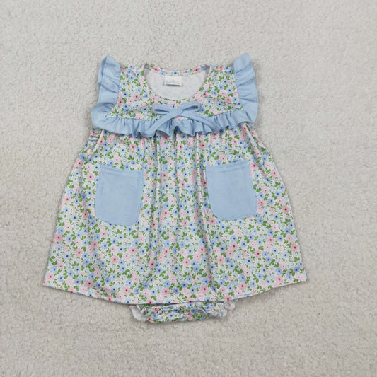 Baby Girls Infant Floral Blue Pockets Bummie Ruffle Romper RTS