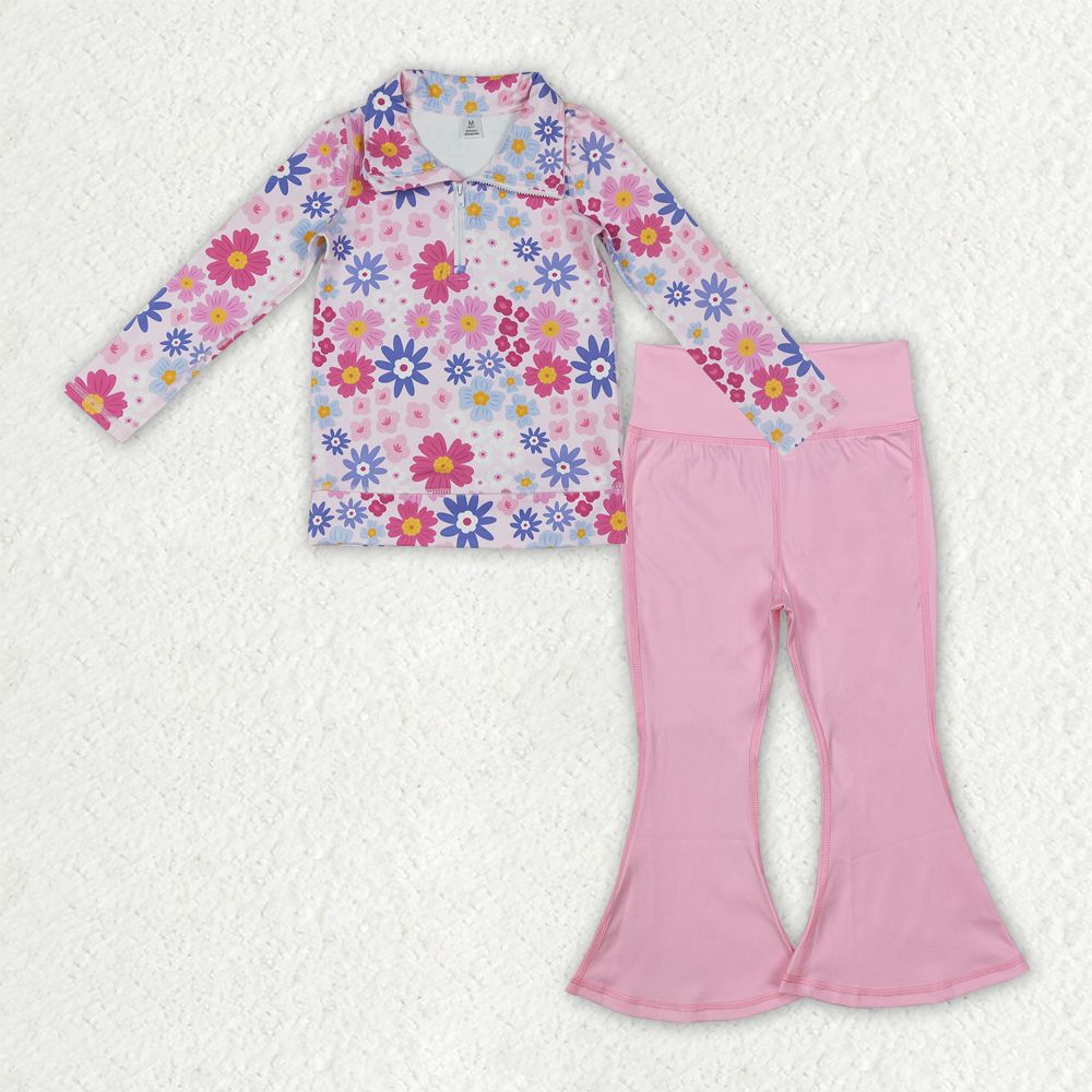 Baby Kids Girls Bows Long Sleeves Flower Zipper Shirt Pink Bell Pants Yoga Set RTS