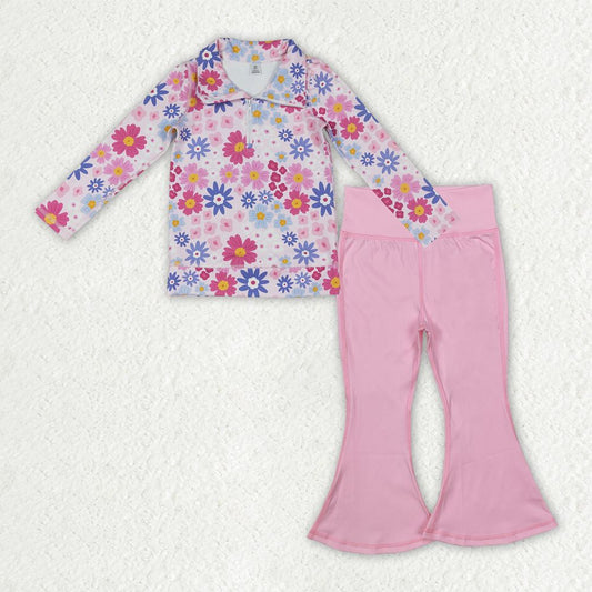 Baby Kids Girls Bows Long Sleeves Flower Zipper Shirt Pink Bell Pants Yoga Set RTS