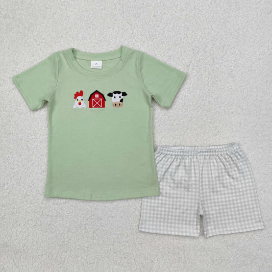 Baby Boy Short Sleeves Embroidery Farm House Cow Green Shirt Plaid Shorts Clothes Set