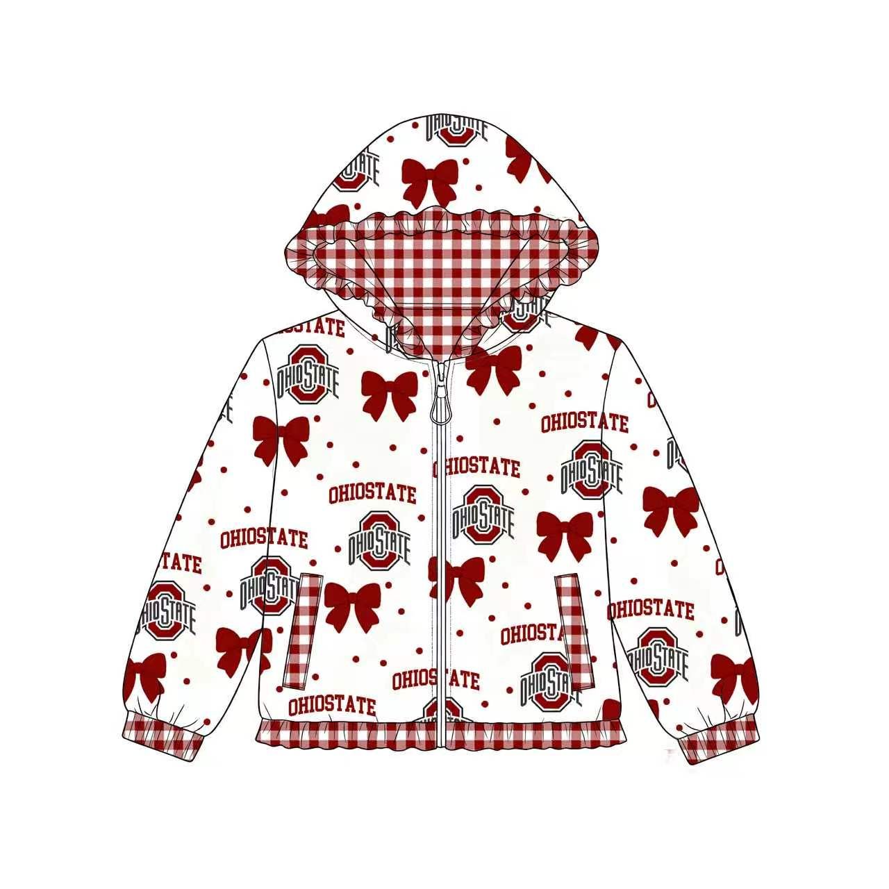 ( Moq 5 ) Preorder Baby Girl Kids Red Bows Pockets Zipper Ruffle Hoodie Jacket Coat Team Tops