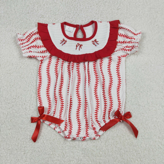 Baby Girls Short Sleeves Embroidery Bows Baseball Team Red Ruffle Smocked Bubble Romper RTS
