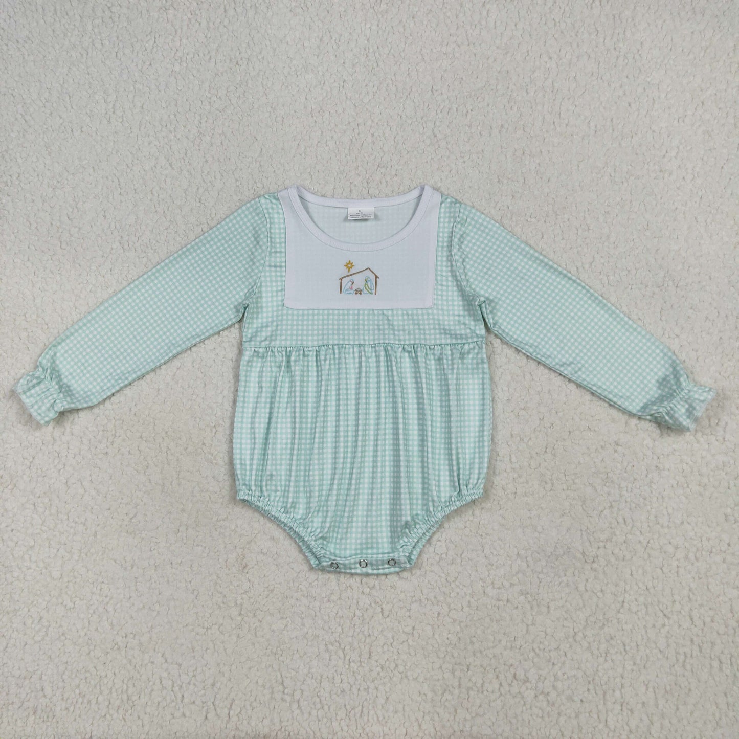 Baby Boy Long Sleeves Green Plaid Embroidery Jesus Bubble Christmas Romper RTS