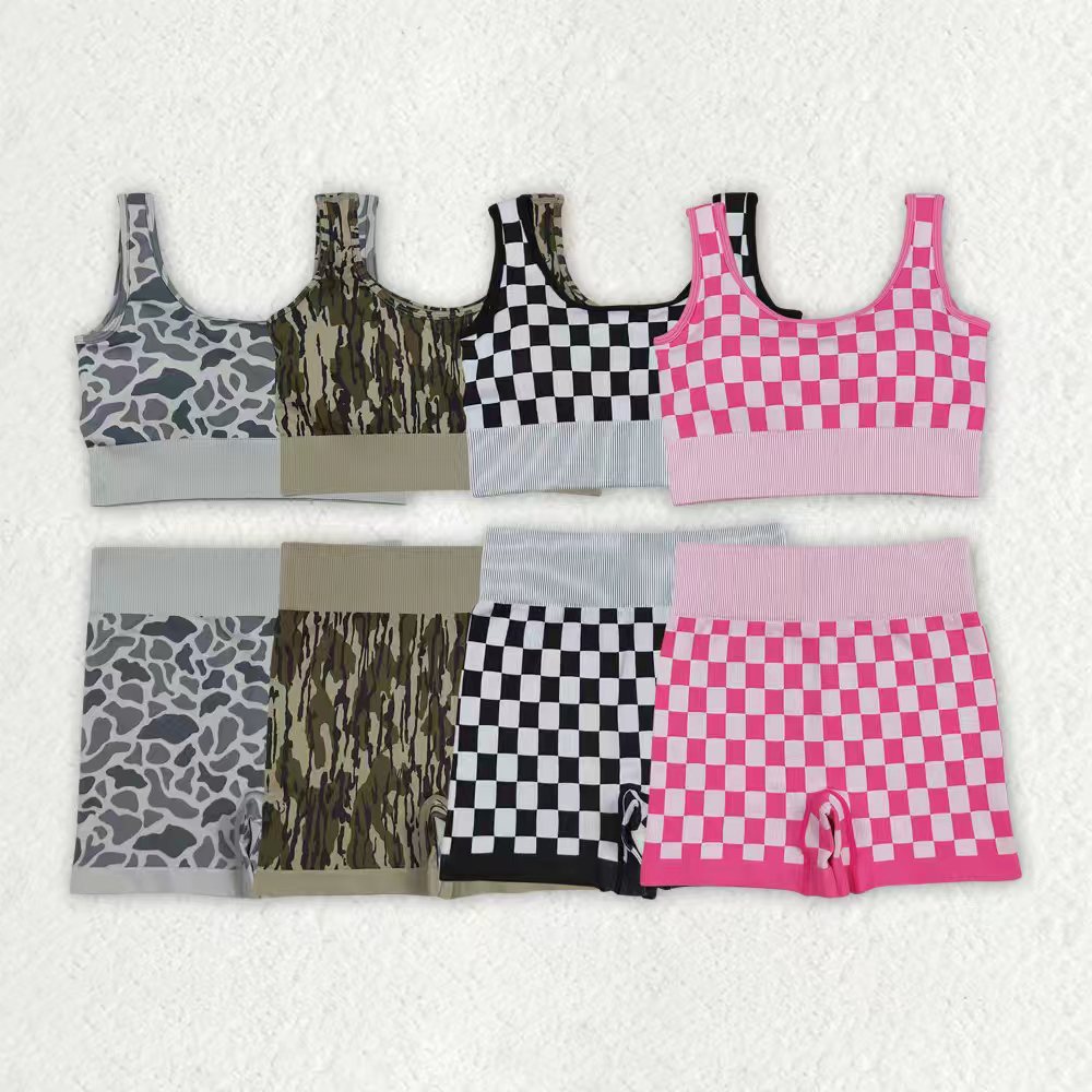 Sibling Adult Woman Sleeveless Camo Checked Tank Tops Shorts Knitted Yoga Set RTS