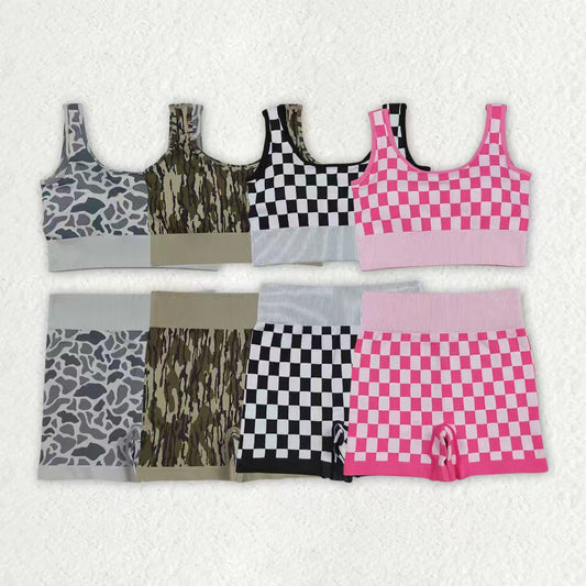 Sibling Adult Woman Sleeveless Camo Checked Tank Tops Shorts Knitted Yoga Set RTS