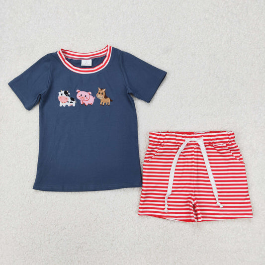 Baby Boy Short Sleeves Embroidery Farm Animals Shirt Stripes Shorts Clothes Set RTS