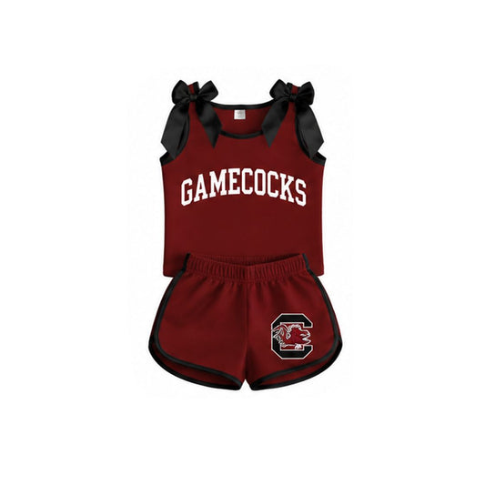 ( Moq 5 ) Preorder Baby Girls Kids Sleeveless Bows Shirt Chicken Shorts Red Set Team Clothes