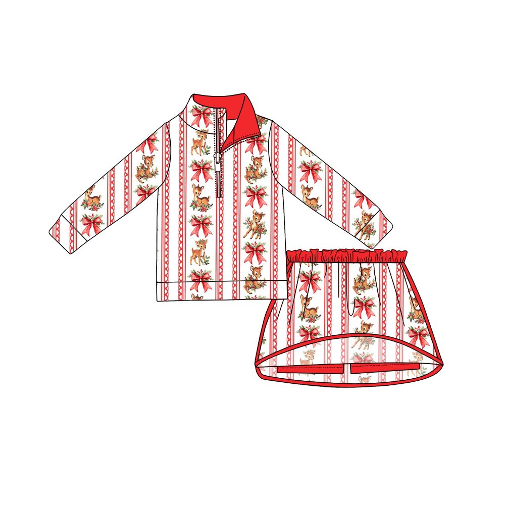 ( Moq 5 ) Preorder Baby Girls Kids Long Sleeves Christmas Deer Bows Shirt Skirt Shorts Set Clothes