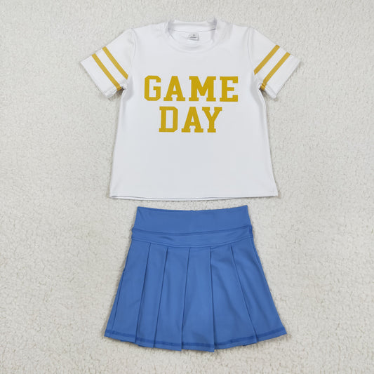 Baby Girl Short Sleeves Game Day Vinyl Shirt Blue Yoga Active Skort Team Cheer Set RTS