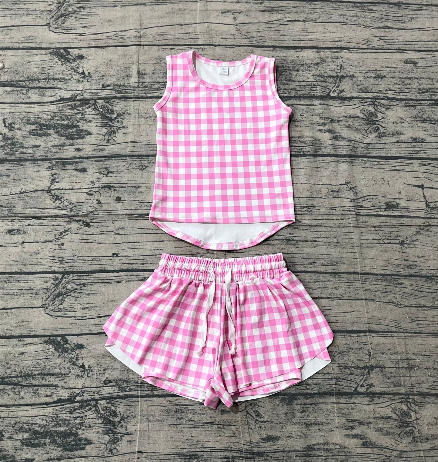 Baby Girls Kids Sleeveless Pink Plaid Tops Shorts Set Yoga Active Clothes RTS