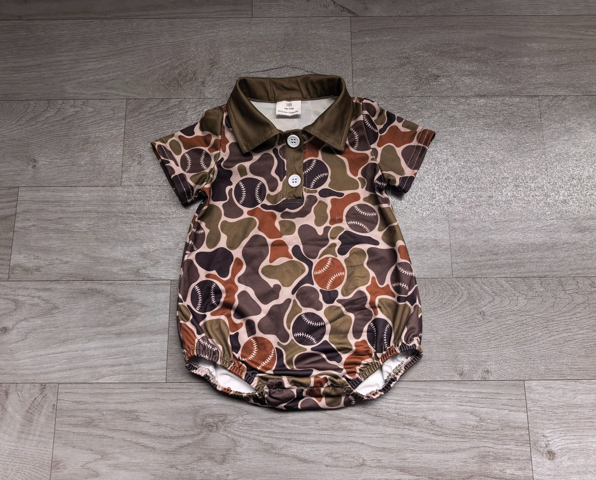 ( No moq ) Preorder Baby Boys Infant Short Sleeves Baseball Camo Bubble Romper Clothes