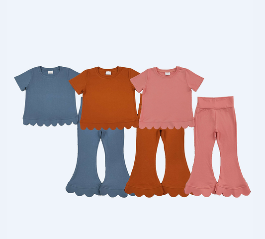Sibling Baby Girls Kids Short Sleeves Shirts Bell Pants Scallop Cotton Sets Clothes RTS