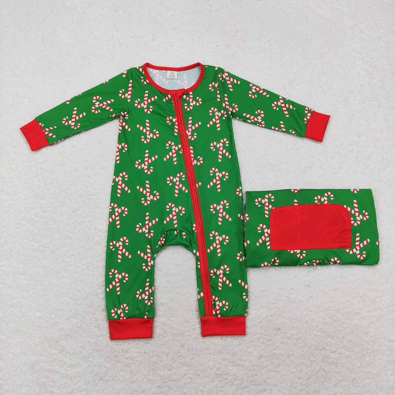 Sibling Boys Girls Christmas Candy Cane Zipper Romper Pajamas Green Set Clothes RTS