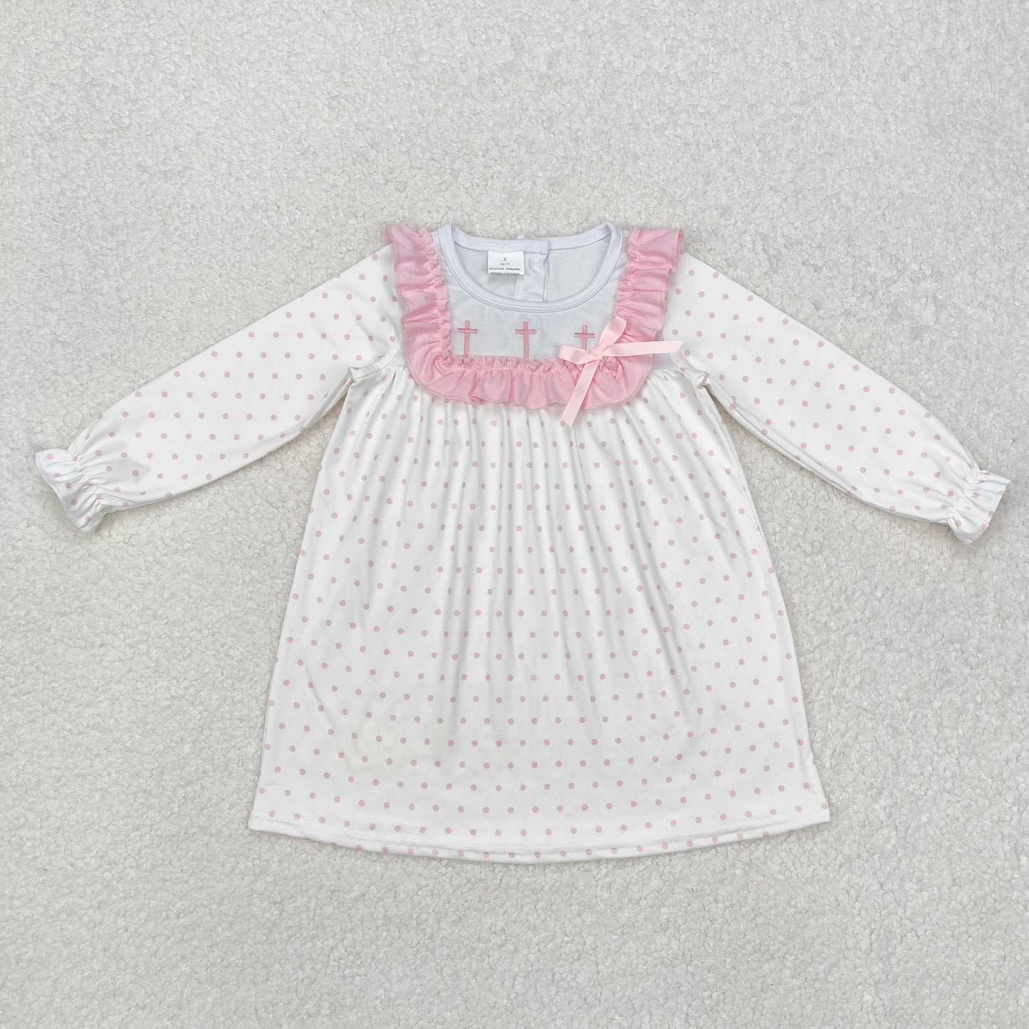 Baby Girls Long Sleeves Embroidery Crosses Easter Knee Length Dots Pink Dress