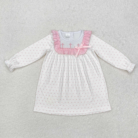 Baby Girls Long Sleeves Embroidery Crosses Easter Knee Length Dots Pink Dress