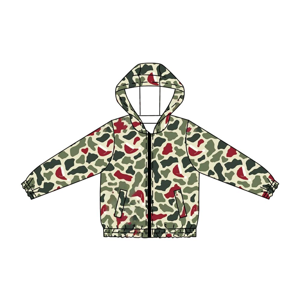 ( Moq 5 ) Preorder Baby Boys Kids Green Red Camo Hoodie Zipper Pockets Cardigan Tops