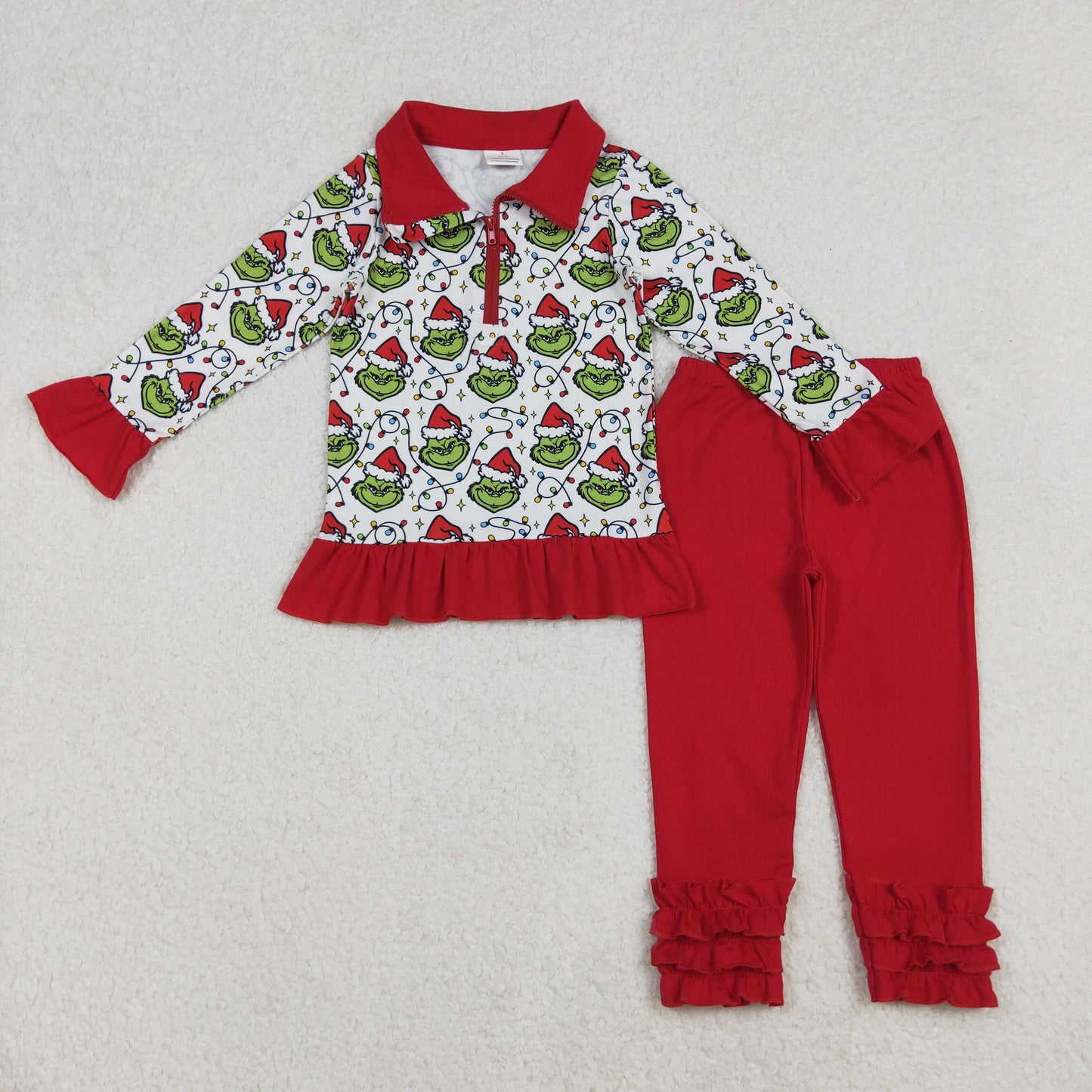Baby Girl Long Sleeves Green Face Lights Christmas Zipper Shirt Ruffle Pants Set RTS