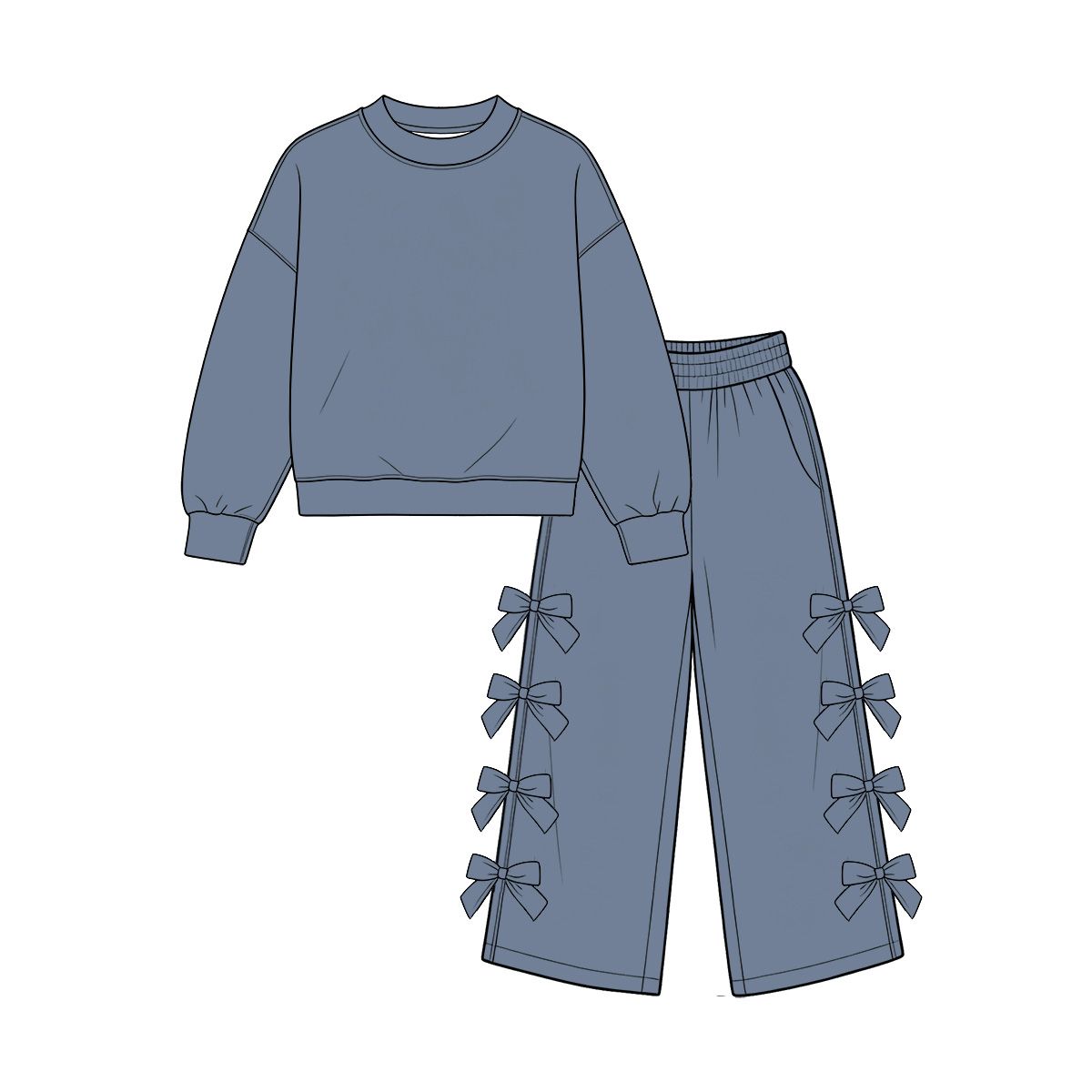 ( Moq 5 ) Preorder Baby Girls Kids Long Sleeves Blue Shirt Bows Pants Set Cotton Clothes