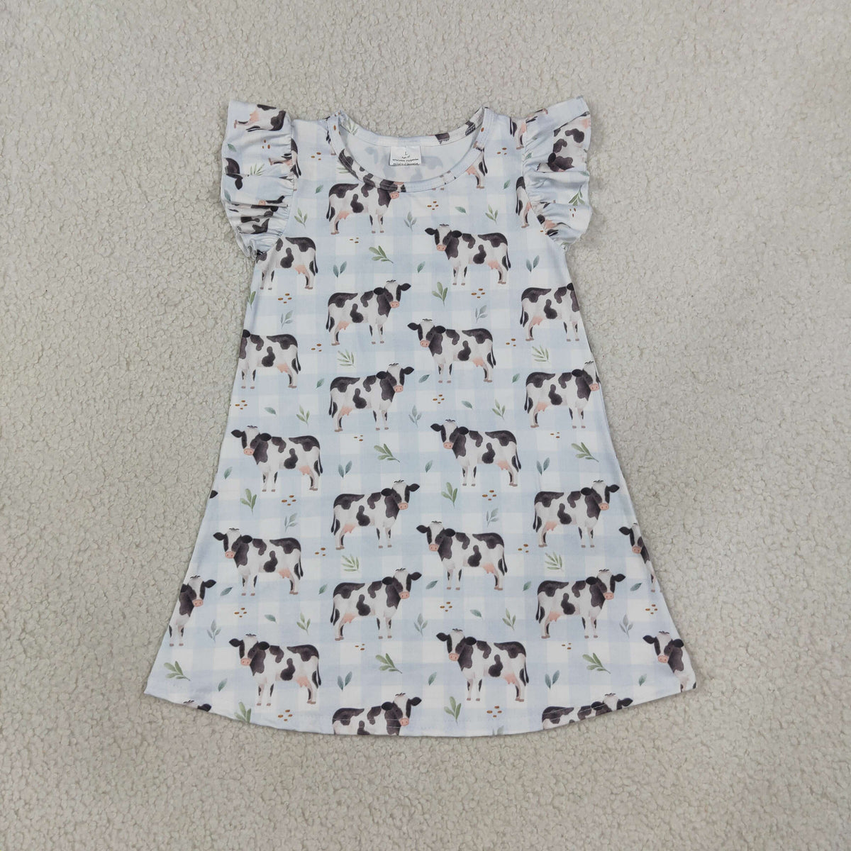 Baby Girls Short Sleeves Cows Blue Plaid Knee Length Dress RTS